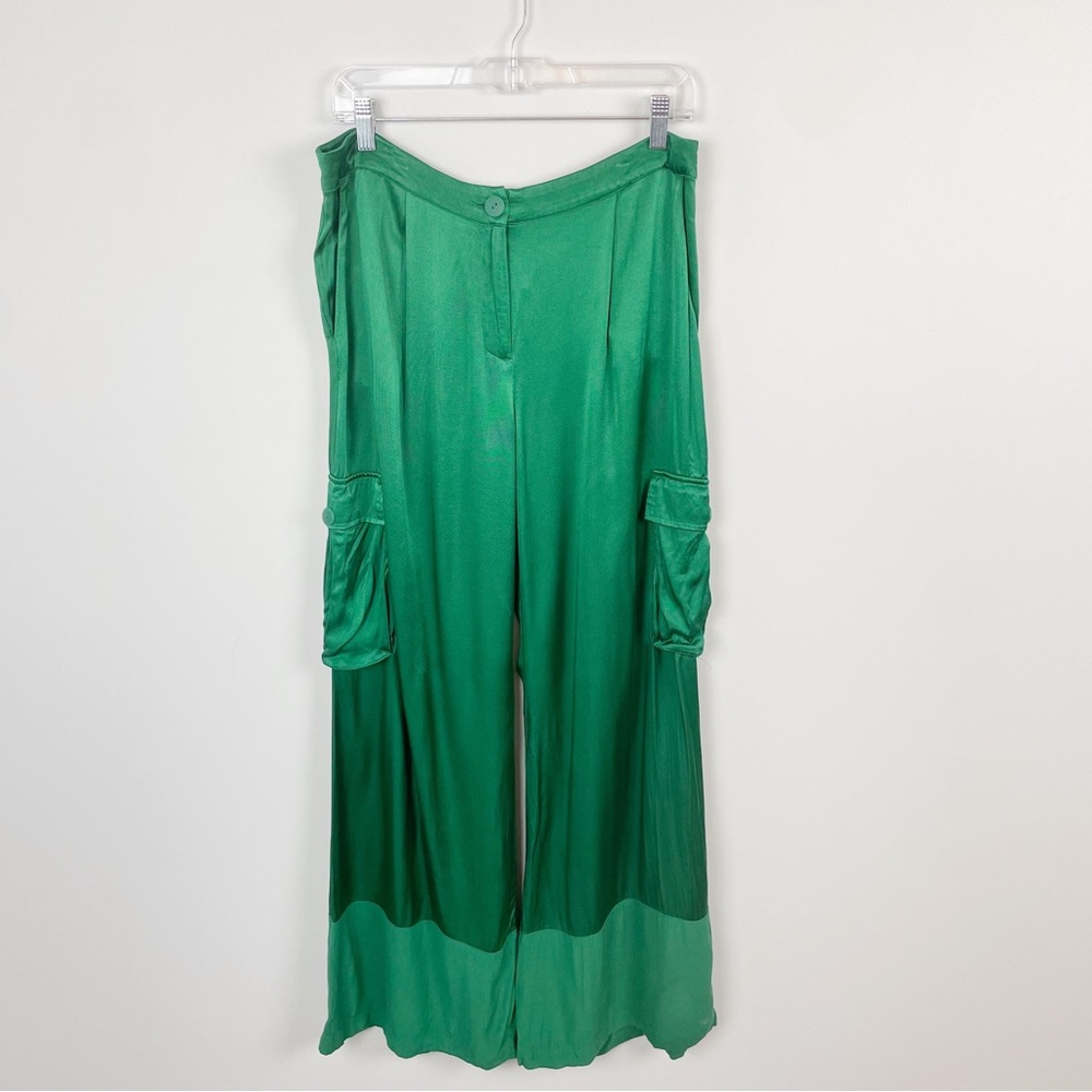 Anthropologie CoreyLynnCalter Green Satin Cargo Pants Size Large